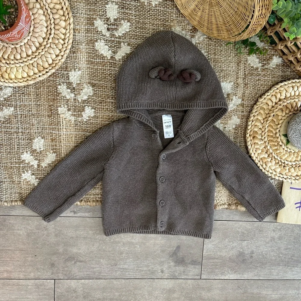 New Carter's Christmas Reindeer Hooded Thick Knit Cardigan  Jacket Sweater